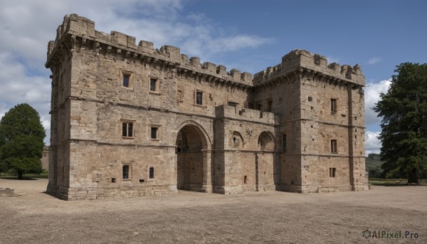 outdoors,sky,day,cloud,tree,blue sky,no humans,window,cloudy sky,building,scenery,road,bush,arch,architecture,ruins,castle