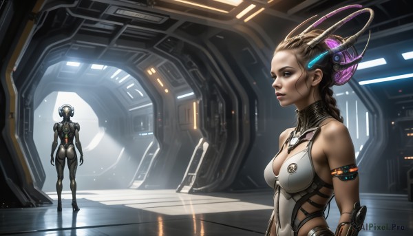 HQ,1girl,long hair,breasts,blue eyes,multiple girls,brown hair,2girls,cleavage,bare shoulders,brown eyes,medium breasts,standing,ass,braid,leotard,lips,bodysuit,multiple views,headgear,reflection,science fiction,realistic,arms at sides,single braid,armlet,nose,cyborg,hologram