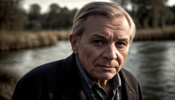 HQ,solo,looking at viewer,shirt,1boy,closed mouth,jacket,upper body,grey hair,male focus,outdoors,collared shirt,water,blurry,black eyes,black jacket,blurry background,formal,suit,portrait,realistic,old,old man,river,wrinkled skin,necktie,striped,lips,facial hair,parody