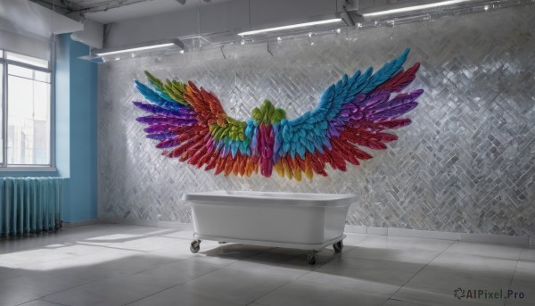 wings,indoors,no humans,window,shadow,sunlight,curtains,building,scenery,reflection,tiles,cityscape,tile floor,bathroom,bathtub,tile wall,spread wings,day,watermark,rain,door,rainbow,sink,multicolored wings,faucet