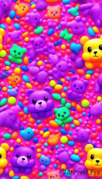 looking at viewer,smile,open mouth,closed mouth,lying,black eyes,no humans,from above,stuffed toy,stuffed animal,teddy bear,animal focus,solid circle eyes,too many,heart,:3,:<,alternate color,bear,colorful,odd one out