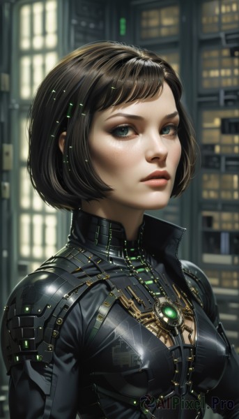 1girl,solo,breasts,looking at viewer,short hair,bangs,blue eyes,brown hair,black hair,jewelry,medium breasts,green eyes,upper body,small breasts,shiny,artist name,blurry,lips,eyelashes,bodysuit,makeup,blurry background,bob cut,gem,freckles,science fiction,shiny clothes,city,realistic,nose,black bodysuit,cyberpunk,closed mouth,earrings,building,skin tight,high collar,eyeliner