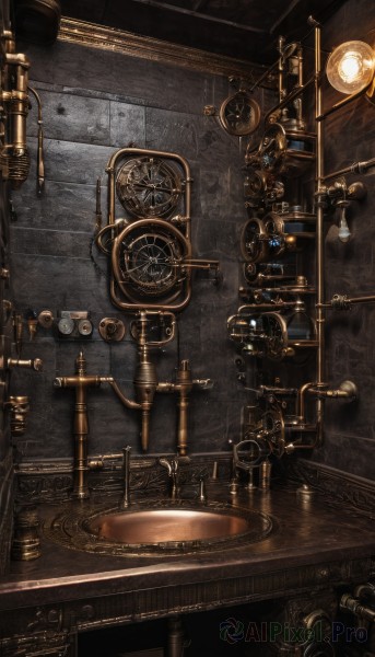 indoors,no humans,from above,table,scenery,clock,gears,still life,industrial pipe,steampunk,weighing scale,telescope,chain,chair,wooden floor,stairs,lamp,wall