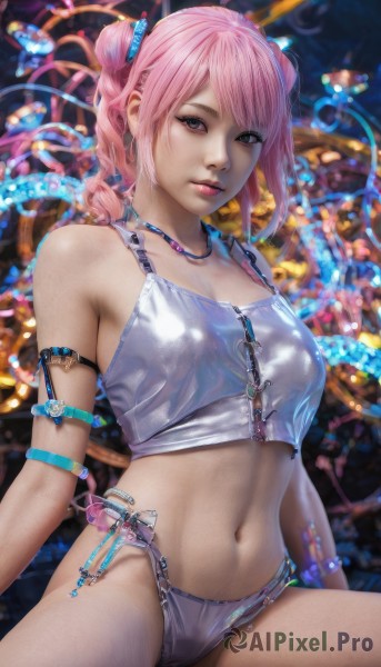 1girl,solo,breasts,looking at viewer,bangs,hair ornament,navel,bare shoulders,twintails,jewelry,medium breasts,sitting,closed mouth,underwear,collarbone,panties,swimsuit,pink hair,midriff,necklace,stomach,blurry,bracelet,lips,crop top,blurry background,swept bangs,drill hair,tank top,armlet,realistic,bikini,watermark,armband,web address