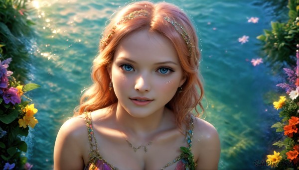 HQ,1girl,solo,long hair,breasts,looking at viewer,smile,blue eyes,blonde hair,hair ornament,cleavage,bare shoulders,jewelry,medium breasts,collarbone,swimsuit,upper body,flower,bikini,earrings,parted lips,teeth,water,necklace,orange hair,blurry,lips,leaf,sunlight,plant,portrait,freckles,realistic,dappled sunlight,blush,red hair,outdoors,day,artist name,eyelashes,from above,forehead,yellow flower