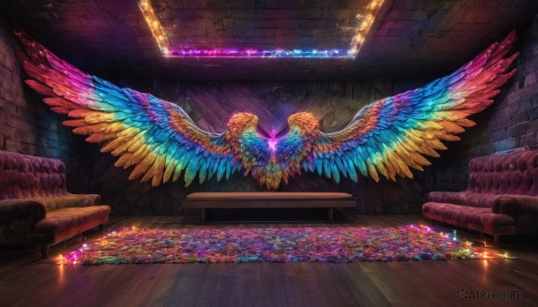 flower,wings,indoors,pillow,no humans,bed,glowing,bird,chair,sunlight,gem,scenery,couch,crystal,wooden floor,fantasy,light,on couch,blue wings,colorful,carpet,spread wings,rug,table,feathered wings,light particles,wall,brick wall,rainbow,multiple wings,multicolored wings