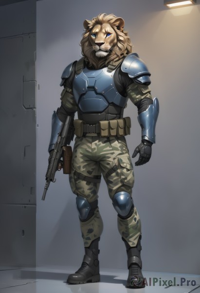 solo,looking at viewer,blue eyes,blonde hair,gloves,1boy,holding,animal ears,standing,full body,weapon,male focus,boots,belt,pants,black footwear,holding weapon,armor,gun,military,military uniform,facial hair,scar,shoulder armor,holding gun,rifle,beard,furry,pouch,breastplate,assault rifle,furry male,knee pads,camouflage,lion ears,elbow pads,lion,camouflage pants,body armor,brown hair,gauntlets,scar across eye,armored boots,bullpup,furrification