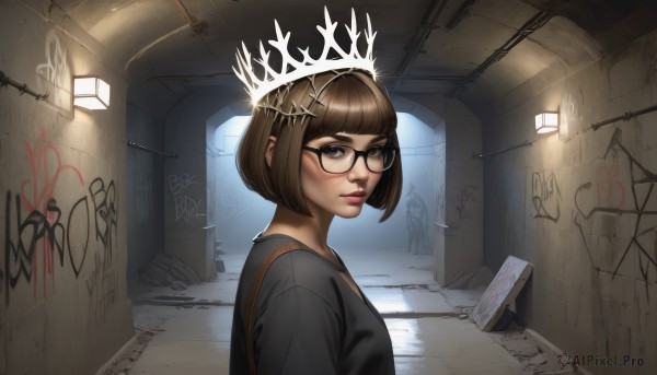 1girl,solo,looking at viewer,short hair,bangs,brown hair,shirt,brown eyes,closed mouth,upper body,glasses,indoors,blunt bangs,black eyes,from side,lips,black shirt,bob cut,thick eyebrows,crown,black-framed eyewear,pink lips,nose,round eyewear,wall,hallway,graffiti,hair ornament,parted lips,looking to the side,eyelashes,makeup,halo,tiara,door,light,alley