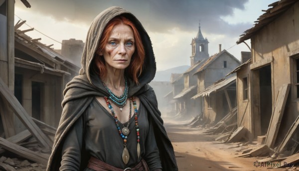 HQ,1girl,solo,breasts,looking at viewer,blue eyes,brown hair,cleavage,jewelry,medium breasts,upper body,red hair,outdoors,sky,day,cloud,signature,hood,necklace,cape,orange hair,lips,scar,cloudy sky,building,cloak,scar on face,hood up,freckles,realistic,ruins,hooded cloak,long hair,belt