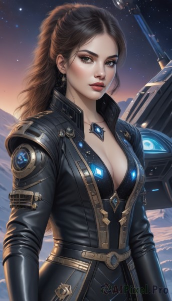 1girl,solo,long hair,breasts,looking at viewer,brown hair,black hair,cleavage,brown eyes,jewelry,medium breasts,collarbone,ponytail,weapon,earrings,outdoors,open clothes,sky,belt,artist name,necklace,lips,coat,gun,bodysuit,makeup,night,lipstick,gem,star (sky),night sky,pendant,starry sky,science fiction,realistic,nose,black bodysuit,red lips,bangs,large breasts,closed mouth,upper body,parted bangs,forehead,space,spacecraft,helmet removed