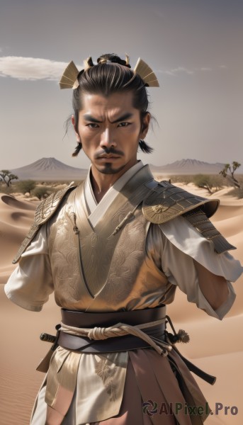 solo,looking at viewer,black hair,hair ornament,1boy,closed mouth,standing,weapon,male focus,cowboy shot,outdoors,japanese clothes,sky,sword,cloud,armor,black eyes,sash,facial hair,shoulder armor,sheath,beard,sheathed,mountain,realistic,mustache,japanese armor,topknot,desert,chinese clothes,arms behind back,samurai