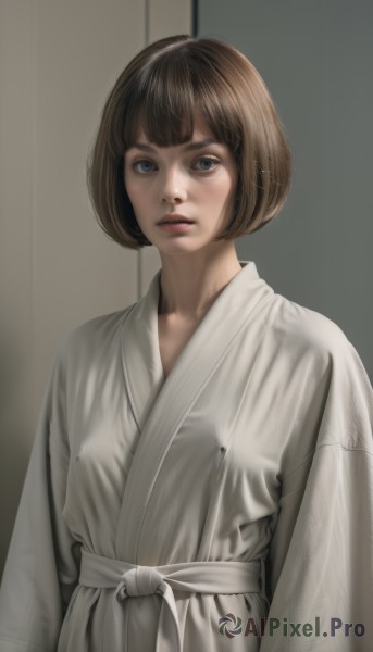 1girl,solo,looking at viewer,short hair,bangs,blue eyes,brown hair,long sleeves,closed mouth,standing,upper body,parted lips,japanese clothes,indoors,lips,sash,bob cut,robe,realistic,nose,arms at sides,dougi,white robe,black hair,blunt bangs,grey background,eyelashes