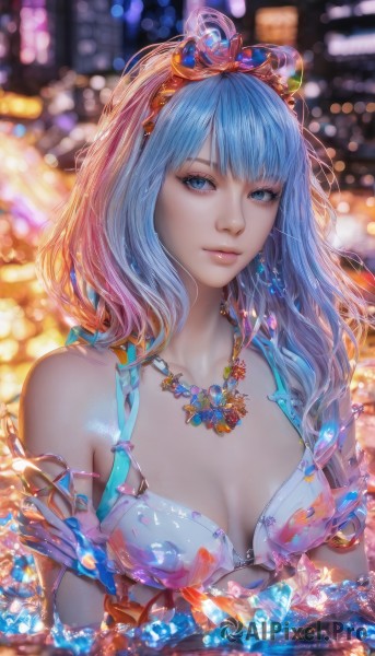 1girl,solo,long hair,breasts,looking at viewer,bangs,blue eyes,hair ornament,cleavage,bare shoulders,jewelry,medium breasts,closed mouth,blue hair,collarbone,swimsuit,upper body,pink hair,bikini,multicolored hair,earrings,artist name,necklace,bra,blurry,lips,eyelashes,depth of field,blurry background,watermark,white bikini,tiara,gem,breasts apart,bikini top only,web address,crystal,realistic,nose,blue gemstone,outdoors,water,nail polish,crossed arms,animal print,armlet,fish,pink lips,bokeh,fish print