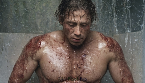 solo,black hair,1boy,closed mouth,closed eyes,upper body,male focus,nude,lips,wet,blood,scar,facing viewer,rain,topless male,realistic,wet hair,looking at viewer,short hair,nipples,blurry,muscular,blurry background,pectorals,muscular male,bara,injury,blood on face,blood on clothes,showering