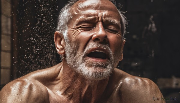 solo,open mouth,1boy,collarbone,closed eyes,upper body,white hair,male focus,nude,teeth,shiny,blurry,wet,blurry background,facial hair,scar,portrait,facing viewer,beard,scar on face,realistic,mustache,bald,manly,old,old man,wrinkled skin,short hair,indoors,shiny skin,muscular,close-up,mature male,scar across eye