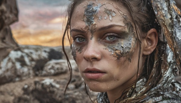 1girl,solo,long hair,brown hair,brown eyes,closed mouth,outdoors,blurry,lips,grey eyes,blurry background,portrait,freckles,science fiction,crystal,rock,realistic,nose,dirty,looking at viewer,black hair,parted lips,sky,water,eyelashes,depth of field,close-up,looking afar,dirty face