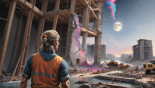 solo,short hair,blonde hair,shirt,1boy,upper body,ponytail,male focus,outdoors,sky,cloud,water,from behind,vest,muscular,night,moon,blue shirt,ground vehicle,building,star (sky),scenery,motor vehicle,full moon,sleeves rolled up,smoke,starry sky,short ponytail,city,realistic,facing away,car,ruins,orange shirt,planet,destruction,rubble,truck,bus,post-apocalypse,standing,grey hair,multiple boys,solo focus,day,blue sky,night sky,road,lamppost