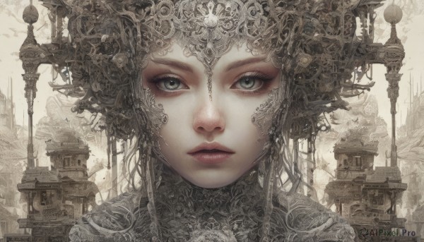 1girl,solo,looking at viewer,blue eyes,closed mouth,lips,grey eyes,eyelashes,headgear,expressionless,building,portrait,realistic,fantasy,tower,green eyes,parted lips,armor,makeup,lace,close-up,headpiece,straight-on