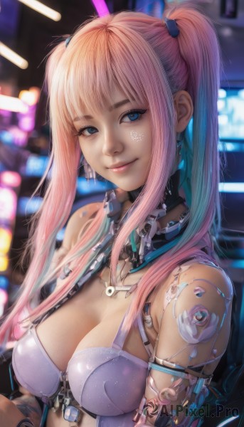 1girl,solo,long hair,breasts,looking at viewer,smile,bangs,blue eyes,large breasts,cleavage,bare shoulders,twintails,jewelry,medium breasts,closed mouth,underwear,upper body,pink hair,sidelocks,multicolored hair,earrings,bra,blurry,collar,two-tone hair,lips,tattoo,blurry background,zipper,science fiction,realistic,android,cyborg,cyberpunk,mechanical parts,artist name,signature,necklace,eyelashes,nose,cable,lock