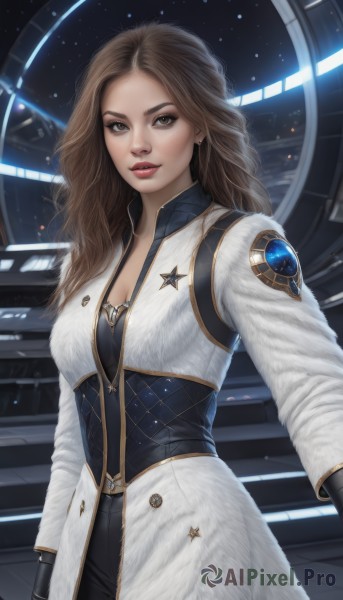 1girl,solo,long hair,breasts,looking at viewer,smile,brown hair,gloves,long sleeves,cleavage,brown eyes,medium breasts,standing,parted lips,star (symbol),lips,coat,makeup,wavy hair,lipstick,realistic,nose,white coat,red lips,space,upper body,artist name,corset,forehead,science fiction