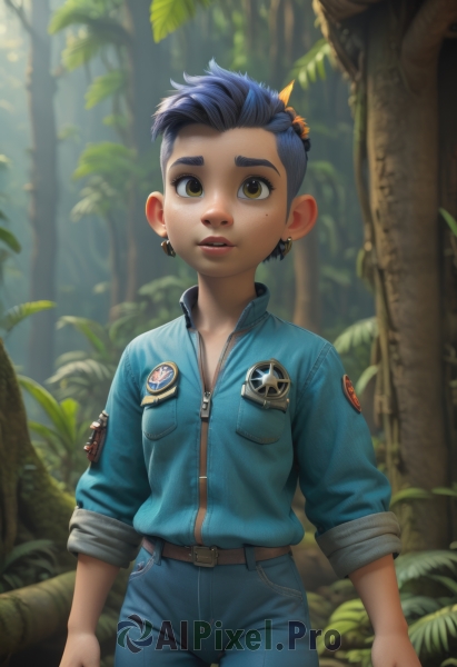 1girl,solo,looking at viewer,short hair,black hair,1boy,brown eyes,jewelry,blue hair,jacket,yellow eyes,male focus,cowboy shot,earrings,outdoors,parted lips,teeth,belt,pants,mole,blurry,tree,lips,mole under eye,thick eyebrows,denim,child,nature,androgynous,sleeves rolled up,forest,zipper,freckles,pocket,jeans,male child,badge,hair ornament,blurry background,leaf,realistic,leather,undercut,jumpsuit,mohawk,eyebrow cut,denim jacket