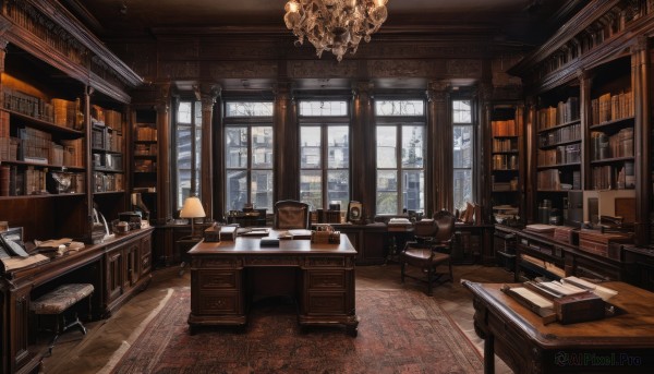 indoors,tree,cup,book,no humans,window,chair,table,sunlight,bottle,curtains,box,scenery,desk,wooden floor,paper,clock,bookshelf,lamp,candle,architecture,shelf,book stack,ceiling,carpet,candlestand,ceiling light,rug,cabinet,chandelier,stool