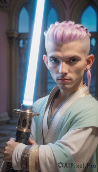 solo,looking at viewer,blue eyes,long sleeves,1boy,holding,jewelry,closed mouth,upper body,weapon,pink hair,white hair,male focus,earrings,sword,indoors,holding weapon,blurry,lips,blurry background,glowing,facial hair,holding sword,sheath,beard,robe,realistic,old,unsheathing,glowing weapon,energy sword,glowing sword,lightsaber,short hair,scar,animification