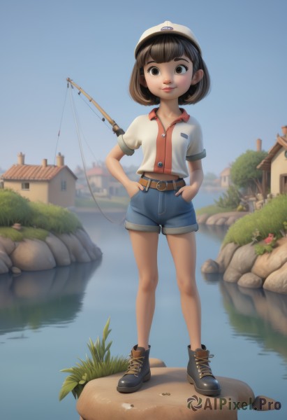 1girl,solo,looking at viewer,smile,short hair,bangs,brown hair,shirt,black hair,hat,brown eyes,closed mouth,standing,full body,white shirt,flower,short sleeves,boots,outdoors,sky,shoes,shorts,day,collared shirt,belt,artist name,blunt bangs,water,black footwear,tree,blue sky,lips,short shorts,buttons,white headwear,grass,denim,building,red shirt,child,baseball cap,blue shorts,denim shorts,hands on hips,rock,hands in pockets,female child,midriff peek,house,river,fishing rod,pond,fishing,navel,midriff,ankle boots