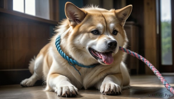 HQ,open mouth,teeth,tongue,indoors,tongue out,blurry,black eyes,collar,no humans,window,animal,claws,dog,realistic,leash,animal focus,solo,full body,day,mole,saliva,depth of field,blurry background,fangs,rope,wooden floor,shimenawa,pet