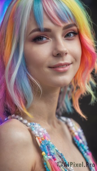 1girl,solo,breasts,looking at viewer,smile,short hair,bangs,blue eyes,blonde hair,bare shoulders,jewelry,blue hair,upper body,pink hair,white hair,multicolored hair,parted lips,teeth,necklace,blurry,two-tone hair,lips,streaked hair,eyelashes,makeup,gem,web address,realistic,nose,rainbow hair,orange hair,grey eyes,watermark,feathers,portrait,beads,pearl necklace