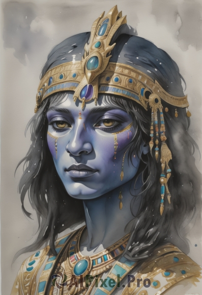 1girl,solo,long hair,looking at viewer,smile,black hair,brown eyes,jewelry,yellow eyes,parted lips,teeth,artist name,signature,medium hair,necklace,lips,eyelashes,makeup,colored skin,crown,lipstick,gem,portrait,eyeshadow,nose,blue skin,headdress,grey skin,purple lips,gold,mascara,egyptian clothes,blue lips,black lips,hair ornament,closed mouth,realistic,facepaint