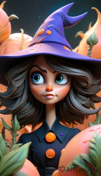 1girl,solo,short hair,blue eyes,brown hair,shirt,black hair,hat,closed mouth,green eyes,upper body,grey hair,food,collared shirt,belt,artist name,signature,medium hair,blurry,lips,looking to the side,black shirt,eyelashes,makeup,witch hat,buttons,fruit,leaf,watermark,looking away,thick eyebrows,blue shirt,plant,wing collar,web address,buckle,blue headwear,halloween,freckles,nose,jack-o'-lantern,witch,pumpkin,purple headwear,flower,flipped hair