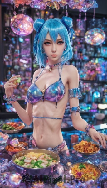 1girl,solo,breasts,looking at viewer,short hair,bangs,blue eyes,navel,holding,cleavage,bare shoulders,jewelry,medium breasts,blue hair,swimsuit,bikini,earrings,small breasts,food,choker,indoors,necklace,stomach,hair bun,nail polish,blurry,bracelet,lips,double bun,depth of field,blurry background,watermark,eating,table,holding food,bikini top only,blue bikini,armlet,blue nails,bowl,realistic,arm strap,aqua hair,web address,plate,beads,coin,cooking