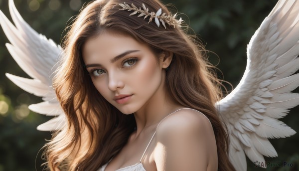 1girl,solo,long hair,looking at viewer,brown hair,hair ornament,bare shoulders,brown eyes,closed mouth,upper body,flower,wings,hair flower,blurry,lips,eyelashes,depth of field,blurry background,wavy hair,portrait,feathered wings,angel wings,realistic,nose,white wings,angel,head wreath,dress,day,white dress,sunlight,backlighting,spaghetti strap,bokeh