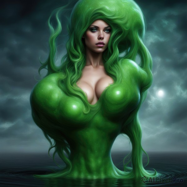 1girl,solo,long hair,breasts,looking at viewer,blue eyes,large breasts,cleavage,very long hair,green eyes,collarbone,upper body,green hair,sky,cloud,water,lips,wet,makeup,colored skin,watermark,moon,lipstick,monster girl,web address,eyeshadow,partially submerged,realistic,nose,green skin,green theme,nude,signature,huge breasts,ocean,arms behind back,cloudy sky,breasts apart,plant girl