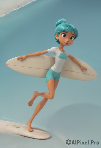 1girl,solo,smile,short hair,shirt,holding,brown eyes,blue hair,standing,swimsuit,full body,white shirt,short sleeves,earrings,small breasts,outdoors,barefoot,day,dark skin,water,hair bun,black eyes,feet,dark-skinned female,wet,aqua hair,toes,alternate hairstyle,ocean,beach,single hair bun,standing on one leg,tan,t-shirt,child,sand,surfboard,breasts,ponytail,shorts,short ponytail,female child,topknot,footprints