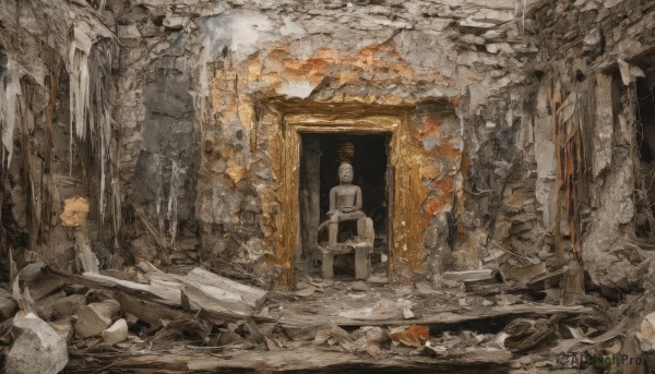 solo,1boy,bag,from behind,no humans,traditional media,backpack,scenery,rock,ruins,rubble,1girl,short hair,holding,sitting,standing,monochrome,male focus,indoors,chair,door,messy room