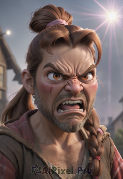 solo,long hair,looking at viewer,open mouth,brown hair,shirt,1boy,brown eyes,collarbone,jacket,white shirt,upper body,ponytail,braid,male focus,outdoors,sky,teeth,day,blurry,vest,plaid,blood,blurry background,facial hair,sunlight,building,portrait,angry,beard,realistic,hair tie,mustache,stubble,sun,chest hair,jewelry,artist name,necklace,hair bun,lips,v-shaped eyebrows,single hair bun,thick eyebrows,high ponytail,hair over shoulder,backlighting,freckles,dirty,shouting,dirty face