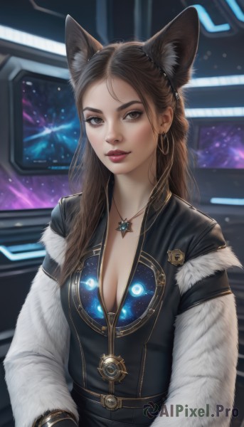 1girl,solo,long hair,breasts,looking at viewer,smile,brown hair,gloves,long sleeves,animal ears,cleavage,brown eyes,jewelry,medium breasts,upper body,earrings,parted lips,black gloves,belt,cat ears,necklace,lips,animal ear fluff,makeup,forehead,science fiction,hoop earrings,realistic,nose,red lips,space,feather boa,dress,closed mouth,underwear,artist name,star (symbol),bracelet,fur trim,wolf ears,lipstick,extra ears,eyeshadow,fur