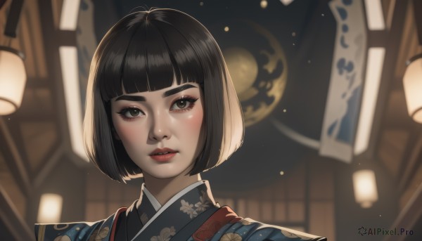 1girl,solo,looking at viewer,blush,short hair,bangs,black hair,brown eyes,parted lips,japanese clothes,teeth,blunt bangs,kimono,blurry,black eyes,lips,eyelashes,makeup,night,depth of field,blurry background,floral print,moon,bob cut,portrait,lantern,nose,red lips,print kimono,architecture,east asian architecture,paper lantern,lipstick,eyeshadow,blue kimono,eyeliner