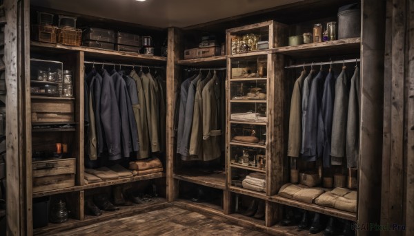 indoors,no humans,table,bottle,box,scenery,wooden floor,door,shelf,shop,still life,clothes hanger,laundry,clothes,jacket,cabinet