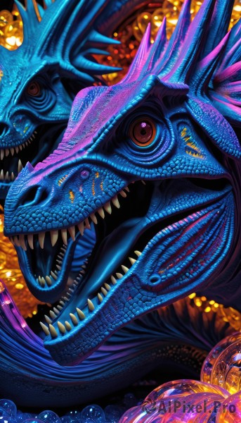 solo,open mouth,red eyes,horns,teeth,tongue,from side,no humans,fangs,sharp teeth,monster,dragon,jack-o'-lantern,scales,extra eyes,looking at viewer,blue skin,colored tongue,blue tongue