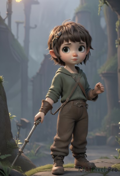 solo,short hair,brown hair,shirt,hair ornament,1boy,holding,closed mouth,green eyes,standing,full body,weapon,male focus,boots,outdoors,pointy ears,hairclip,belt,pants,artist name,hood,holding weapon,blurry,blurry background,grass,clenched hand,child,freckles,green shirt,male child,1girl,looking at viewer,brown eyes,shoes,tree,lips,brown footwear,hood down,staff,realistic,brown pants