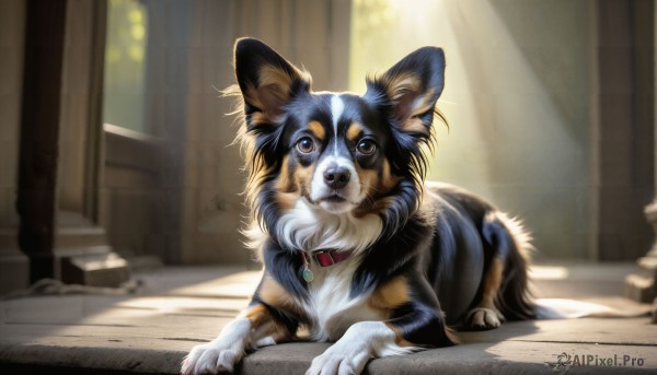 HQ,solo,looking at viewer,brown eyes,jewelry,indoors,blurry,collar,no humans,depth of field,blurry background,animal,sunlight,cat,brooch,gem,dog,realistic,animal focus,closed mouth,lying,signature,necklace,window,watermark,on stomach,web address,pendant,red collar,animal collar,puppy