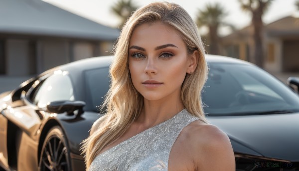 1girl,solo,long hair,looking at viewer,smile,blonde hair,dress,bare shoulders,brown eyes,jewelry,closed mouth,upper body,earrings,sleeveless,white dress,mole,blurry,lips,blurry background,ground vehicle,motor vehicle,freckles,realistic,car,hair behind ear,blue eyes,outdoors,day,grey eyes,depth of field,thick eyebrows,light smile,portrait,nose,stud earrings,vehicle focus,sports car