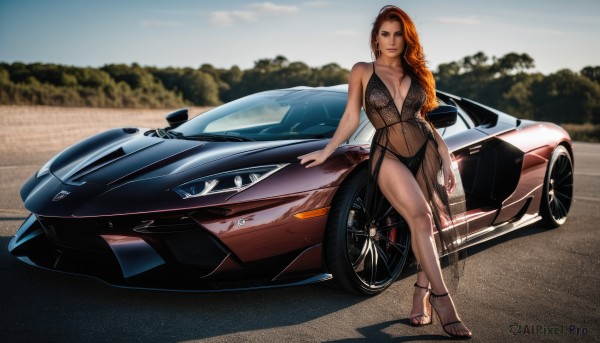 1girl,solo,long hair,breasts,looking at viewer,large breasts,dress,navel,cleavage,brown eyes,jewelry,medium breasts,underwear,panties,braid,earrings,outdoors,orange hair,blurry,high heels,lips,see-through,black panties,blurry background,sandals,ground vehicle,motor vehicle,realistic,car,vehicle focus,toeless footwear,plunging neckline,sports car,brown hair,standing,day,nail polish,black dress,legs,personification,toenails,anklet,toenail polish,bush,product placement