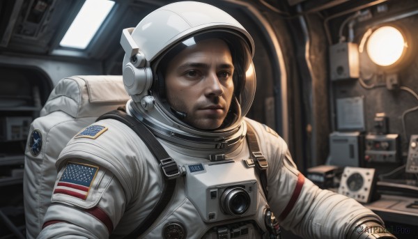 solo,1boy,brown eyes,closed mouth,upper body,male focus,indoors,blurry,blurry background,facial hair,helmet,beard,freckles,science fiction,realistic,stubble,american flag,spacesuit,astronaut,black hair,mole,black eyes,lips,expressionless,backpack,headset,serious,pilot suit,cable,space,looking afar,flag print,japanese flag,space helmet,united states,american flag print