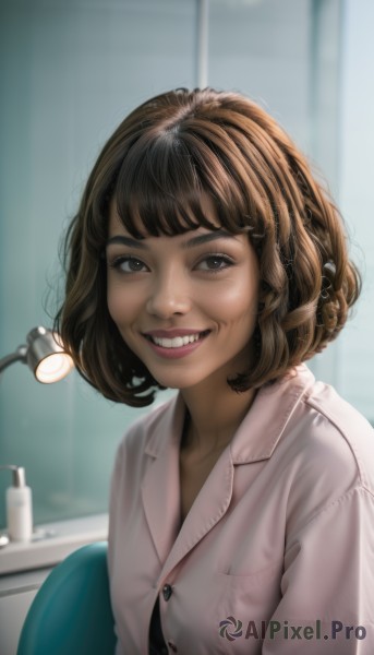 1girl,solo,looking at viewer,smile,short hair,open mouth,bangs,brown hair,shirt,brown eyes,white shirt,upper body,teeth,indoors,grin,blurry,lips,buttons,bob cut,freckles,realistic,nose,breasts,jewelry,earrings,makeup,blurry background,watermark,mirror