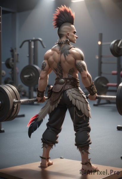 solo,short hair,black hair,1boy,holding,jewelry,standing,full body,weapon,male focus,red hair,multicolored hair,earrings,barefoot,belt,looking back,pants,indoors,dark skin,necklace,from behind,bracelet,two-tone hair,tattoo,muscular,chain,back,black pants,piercing,dark-skinned male,feathers,muscular male,spiked hair,ear piercing,dual wielding,topless male,anklet,arm tattoo,undercut,exercise,mohawk,lip piercing,gym,weightlifting,blurry background,back tattoo,dumbbell,skull necklace