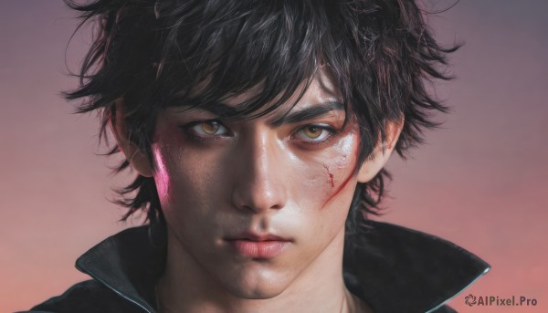 solo,looking at viewer,short hair,bangs,black hair,1boy,brown eyes,closed mouth,male focus,lips,gradient,gradient background,blood,messy hair,portrait,close-up,injury,blood on face,realistic,nose,straight-on,yellow eyes,glowing,scar,pink background,scar on face,serious,cuts,scratches